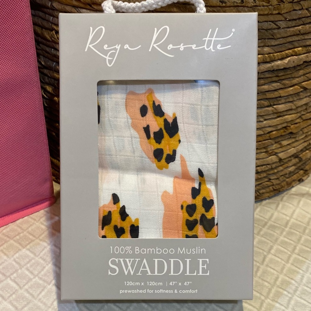 Reya Rosette 100% bamboo muslin swaddling wrap for girls. Leopard print. NWT.